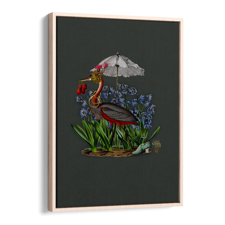 Colorful heron under an umbrella among flowers, showcasing the charm of ENCHANTED FOREST II, ANIMAL PAINTINGS.