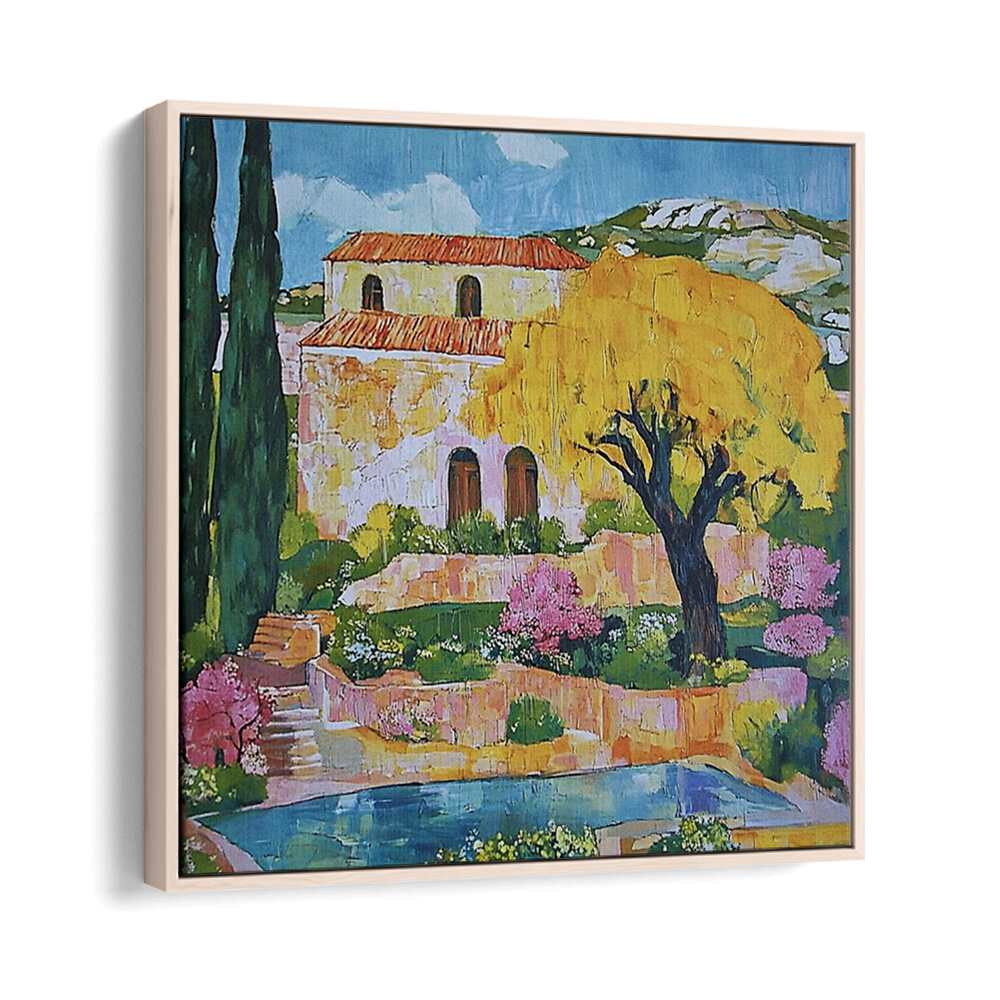 Vibrant artwork of the HOUSE BY THE POOL showcasing luxurious living amidst stunning gardens and a tranquil pool.
