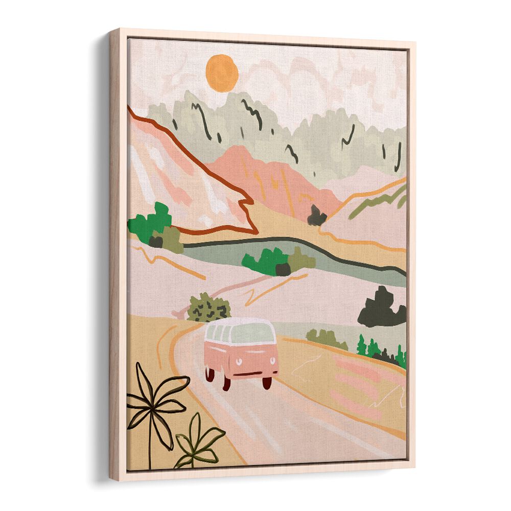 Vibrant PASTEL JOURNEY, LANDSCAPE PAINTINGS showcasing a serene landscape with a vintage van and warm hues.