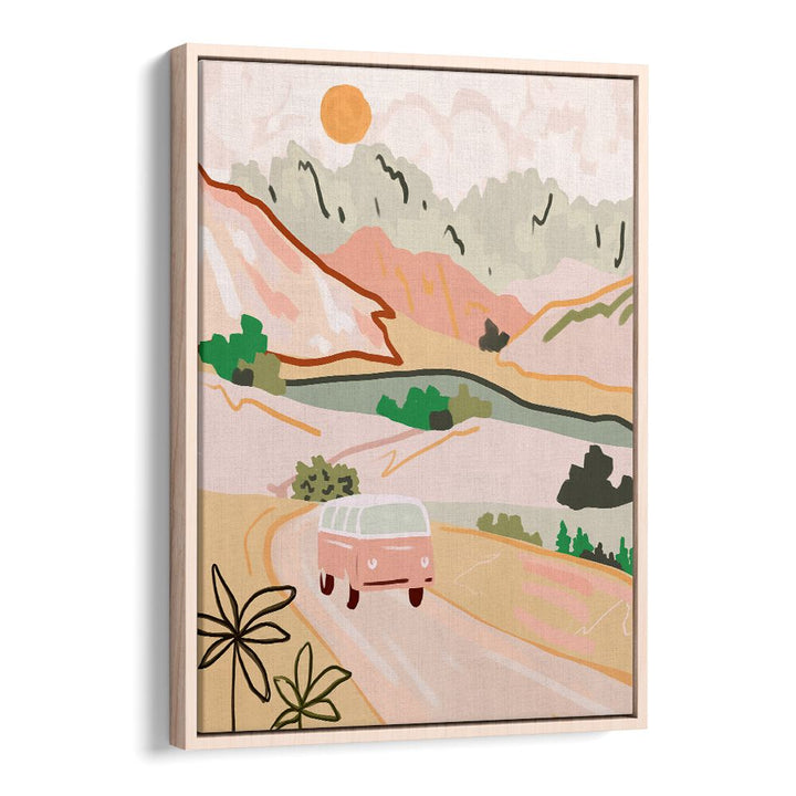 Vibrant PASTEL JOURNEY, LANDSCAPE PAINTINGS showcasing a serene landscape with a vintage van and warm hues.