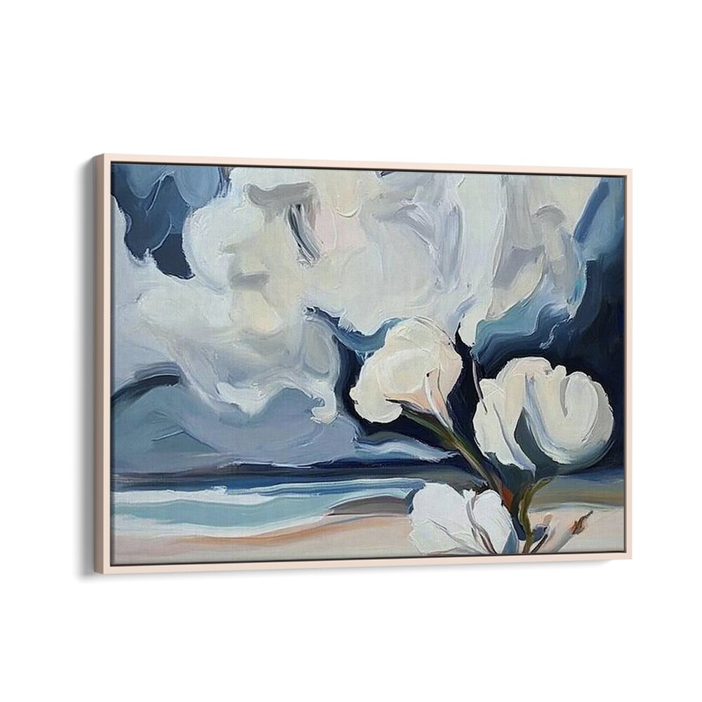 Experience tranquility with WHITE FLOWERS ON THE BEACH artwork, showcasing delicate blossoms against a serene shore.