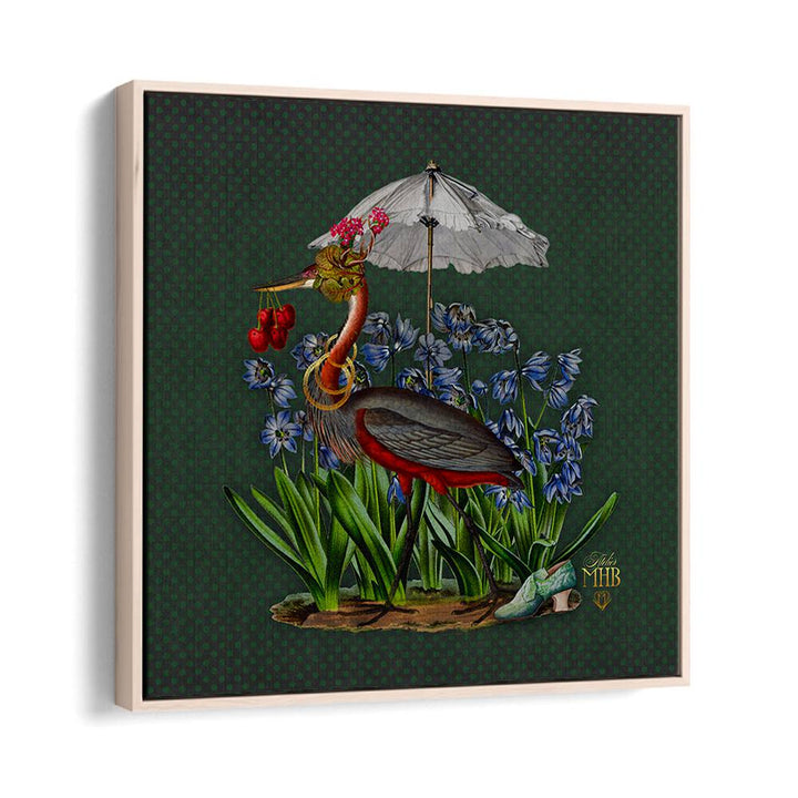 Whimsical heron under a parasol amidst flowers, part of the ENCHANTED FOREST V, ANIMAL PAINTINGS collection.
