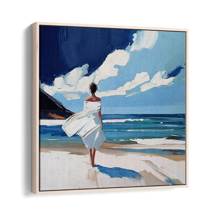 Serene artwork of a woman walking on the beach, evoking tranquility and coastal vibes for art enthusiasts.