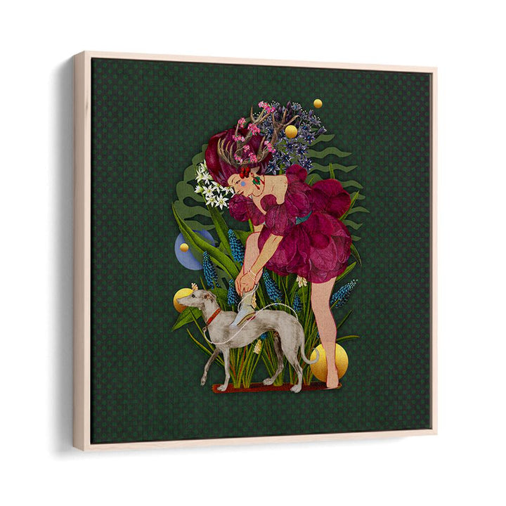 Whimsical artwork from ENCHANTED FOREST IX, PORTRAITS, featuring a floral-themed woman and her dog in a vibrant setting.