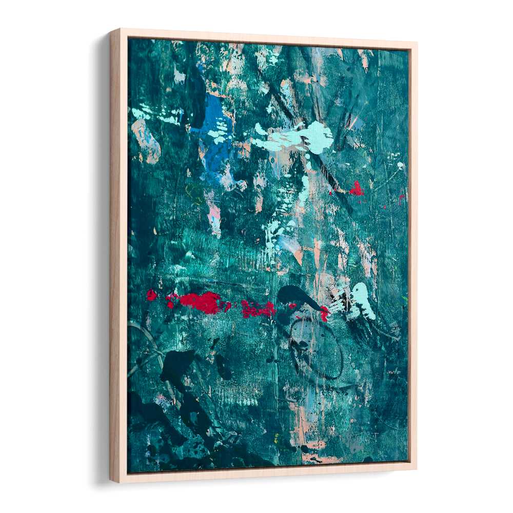Deep turquoise and red hues create an evocative atmosphere in A SOLITUDE, ABSTRACT PAINTINGS, perfect for modern spaces.