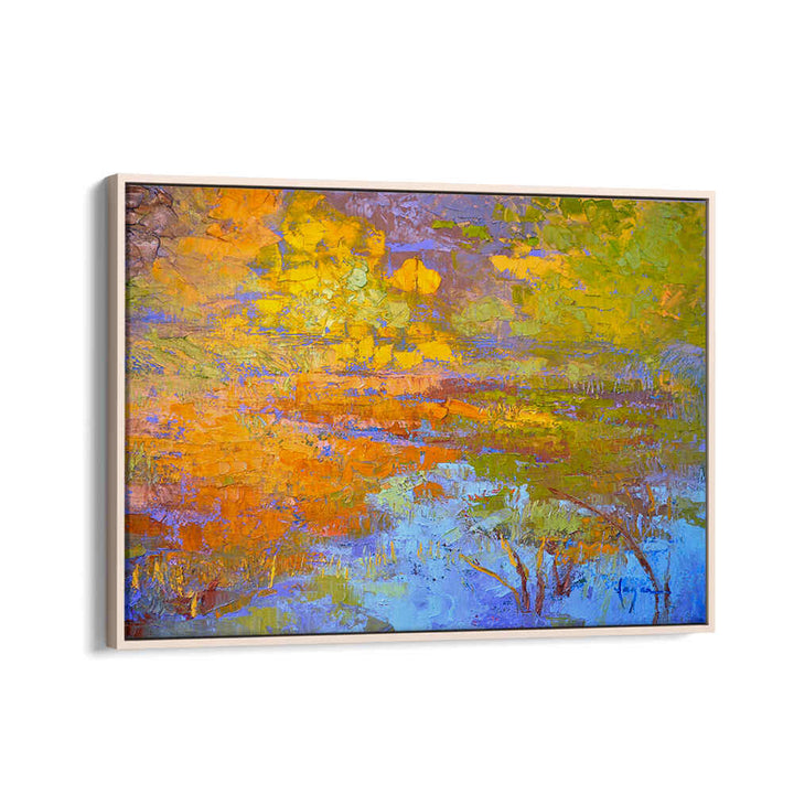 Oakwood Floater framed canvas AUTUMN'S PALETTE , LANDSCAPE PAINTINGS with vibrant gold, orange and blue autumn landscape