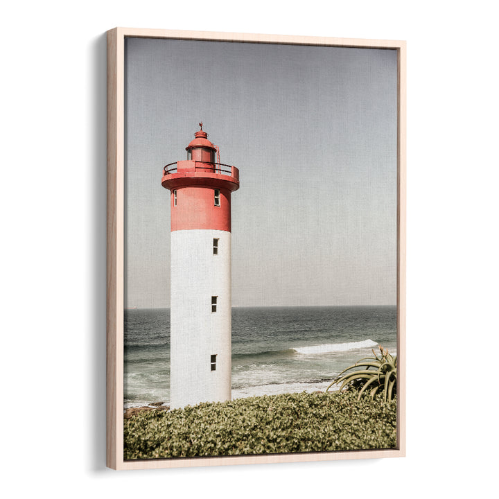 BEACON BY THE SEA , BEACH PAINTINGS lighthouse print with red-top beacon, ocean waves and coastal greenery by Oakwood