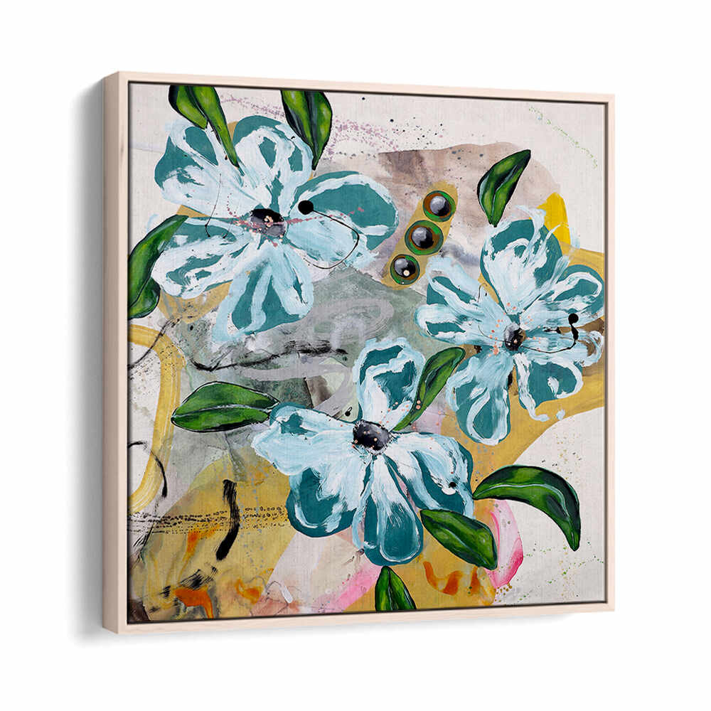 BOLD BLUE AND GREEN FLOWERS , FLORAL FLOWER PAINTINGS