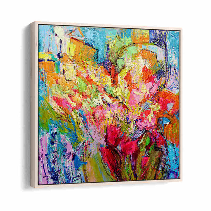 Oakwood floater framed BRILLIANT BLOOM SCAPE , ABSTRACT PAINTINGS vibrant floral abstract in bold pinks, blues, greens