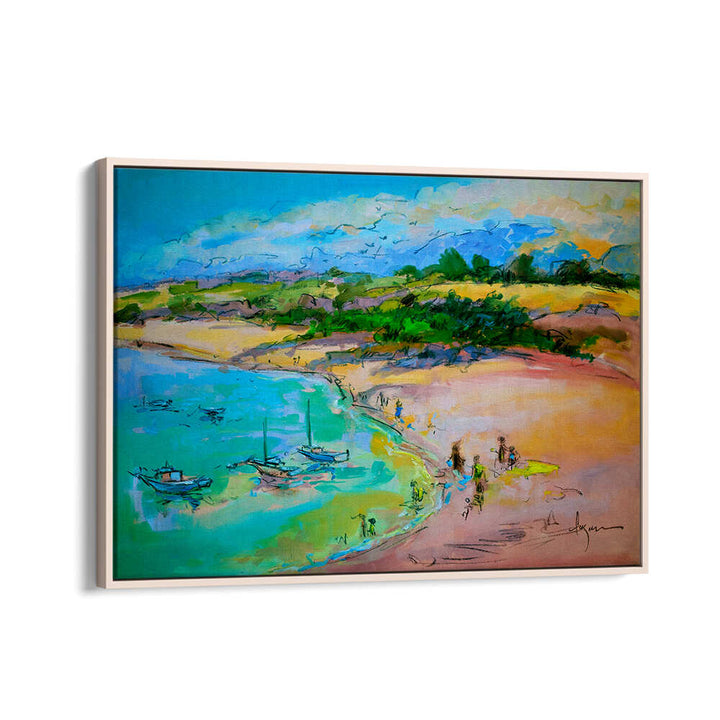 Oakwood COASTAL SERENITY , LANDSCAPE PAINTINGS showing pastel seaside landscape with boats, sandy shore and dunes
