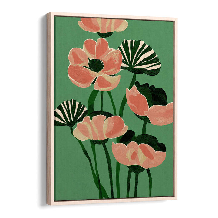 CORAL POPPIES ON GREEN , FLORAL FLOWER PAINTINGS