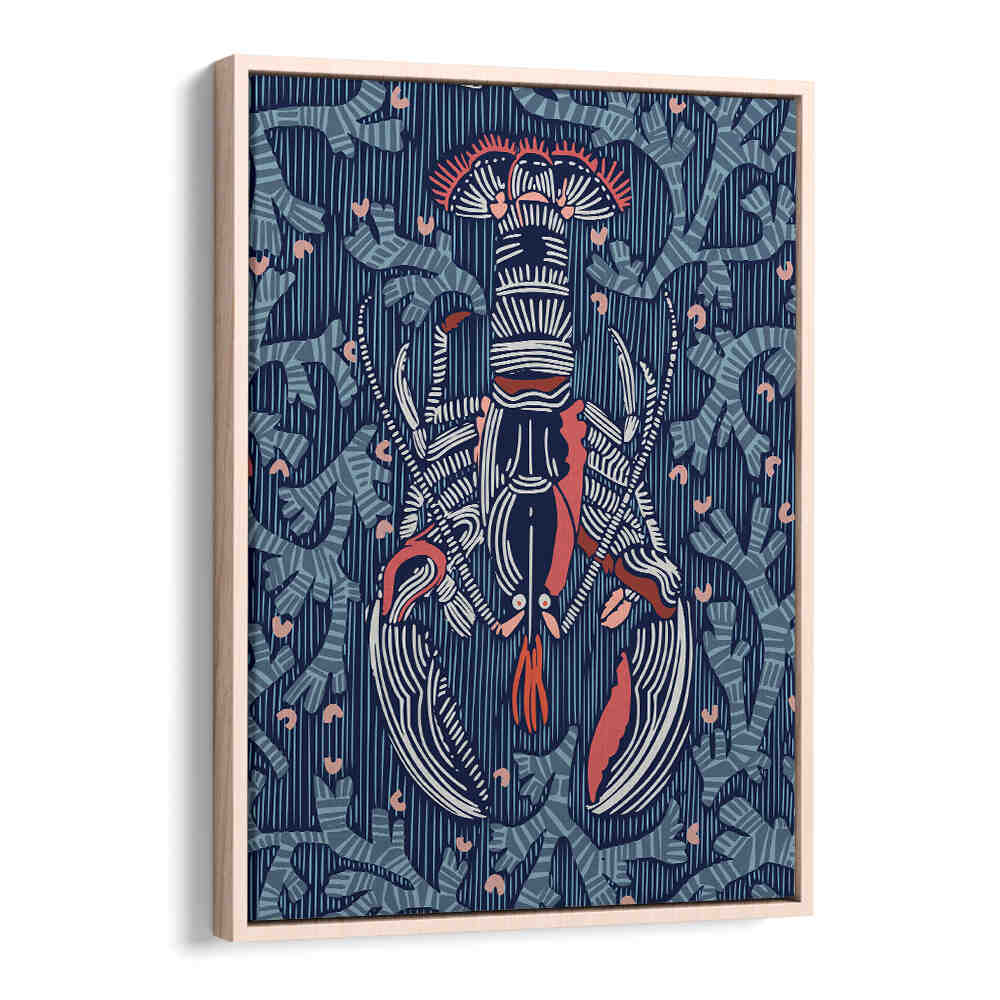 CRUSTACEAN CORE NAVY Beach Paintings feature vibrant lobster art, bringing coastal tranquility to your home decor.