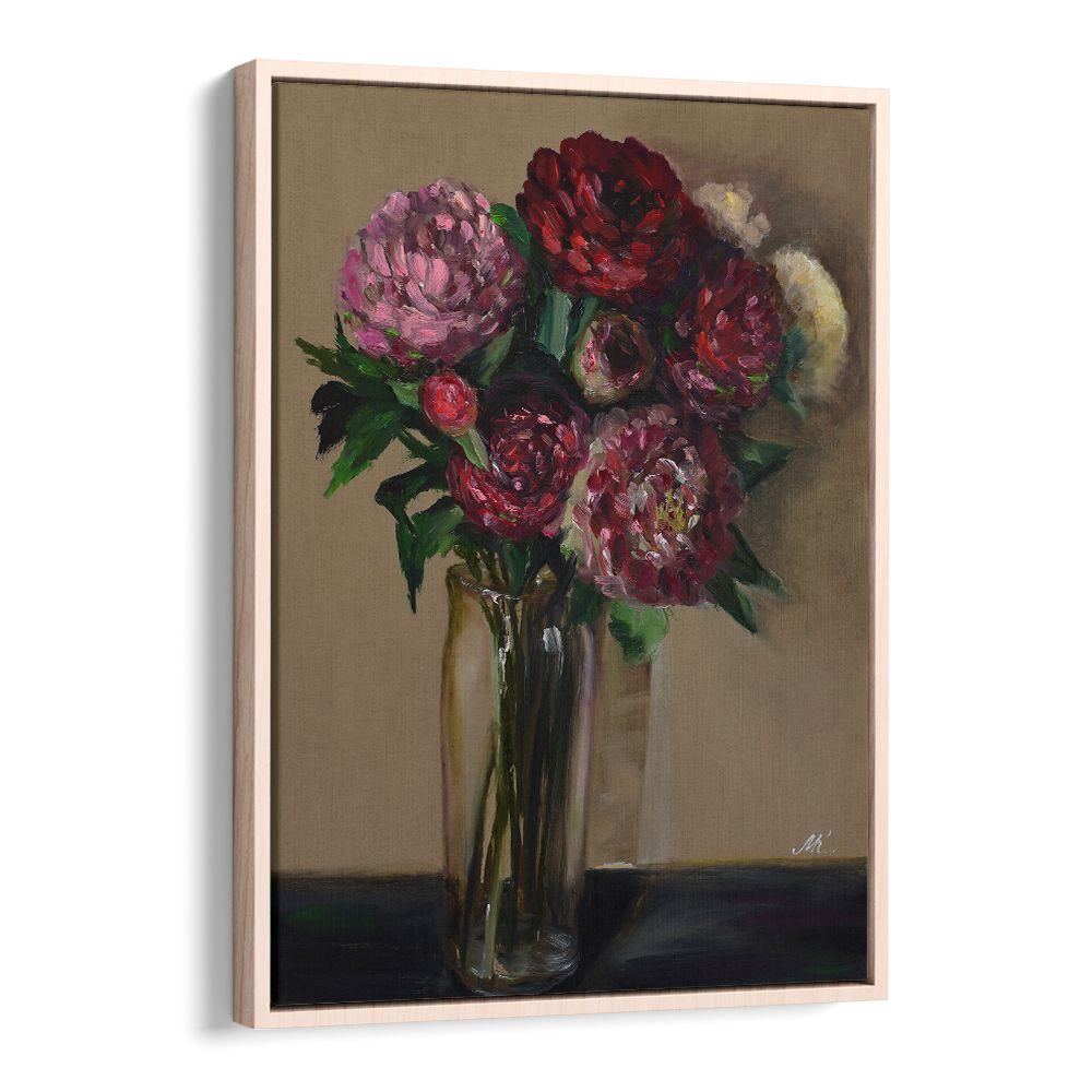 DARK RED PEONIES IN GLASS VASE