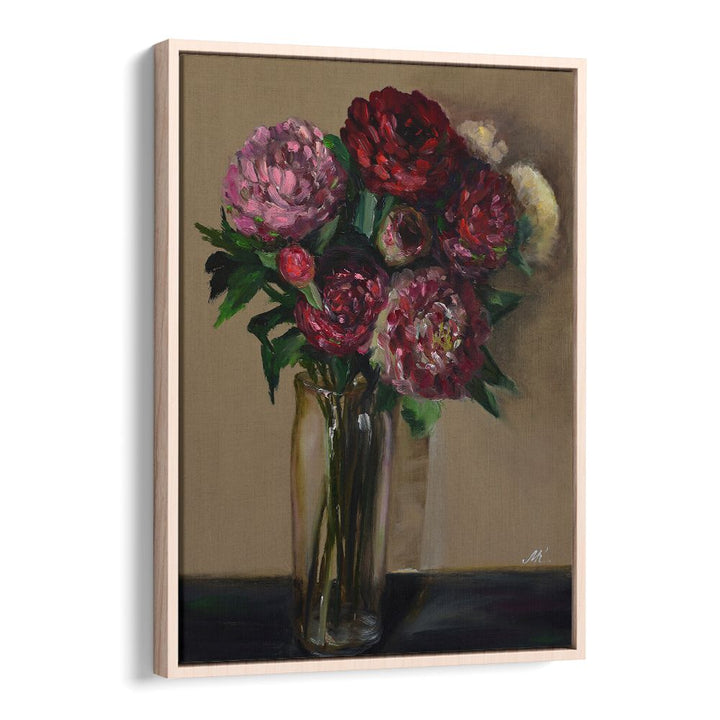 DARK RED PEONIES IN GLASS VASE