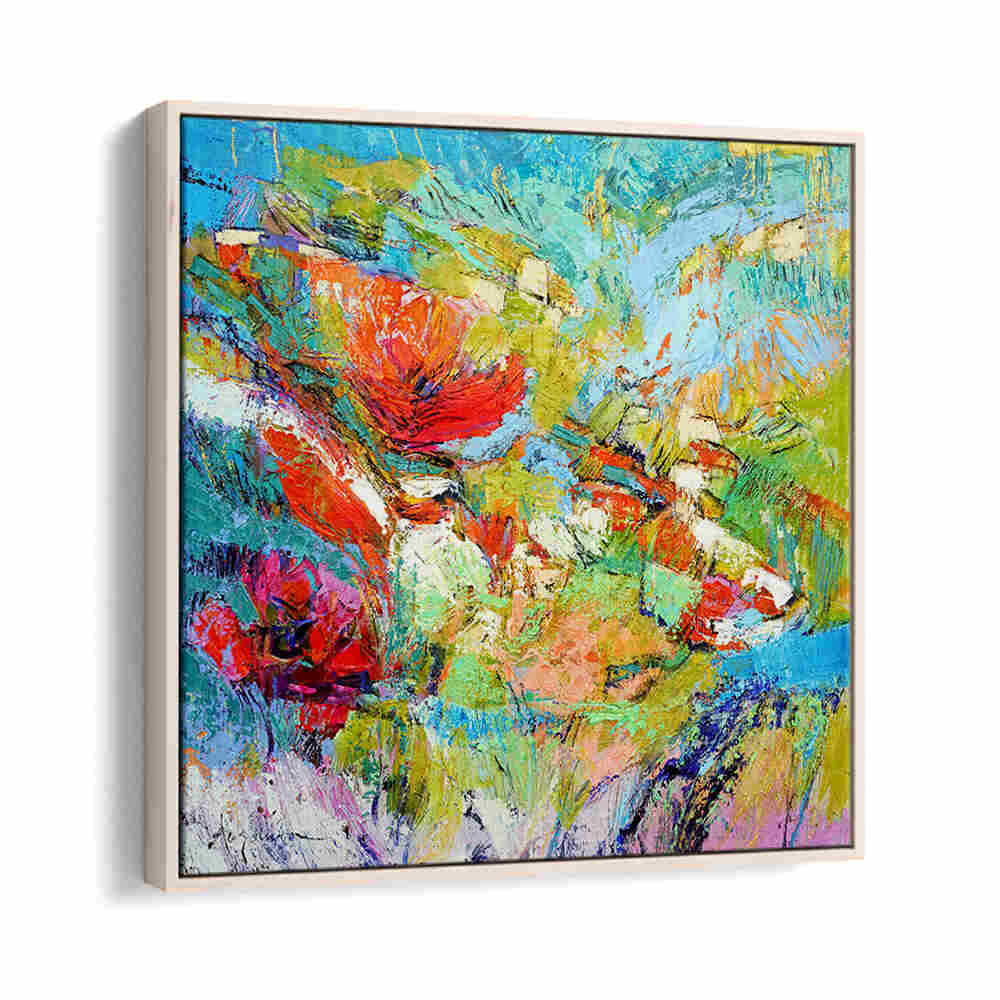 Oakwood FLORAL HARMONY BURST , ABSTRACT PAINTINGS vibrant textured floral abstract in teal, red, yellow brushstrokes