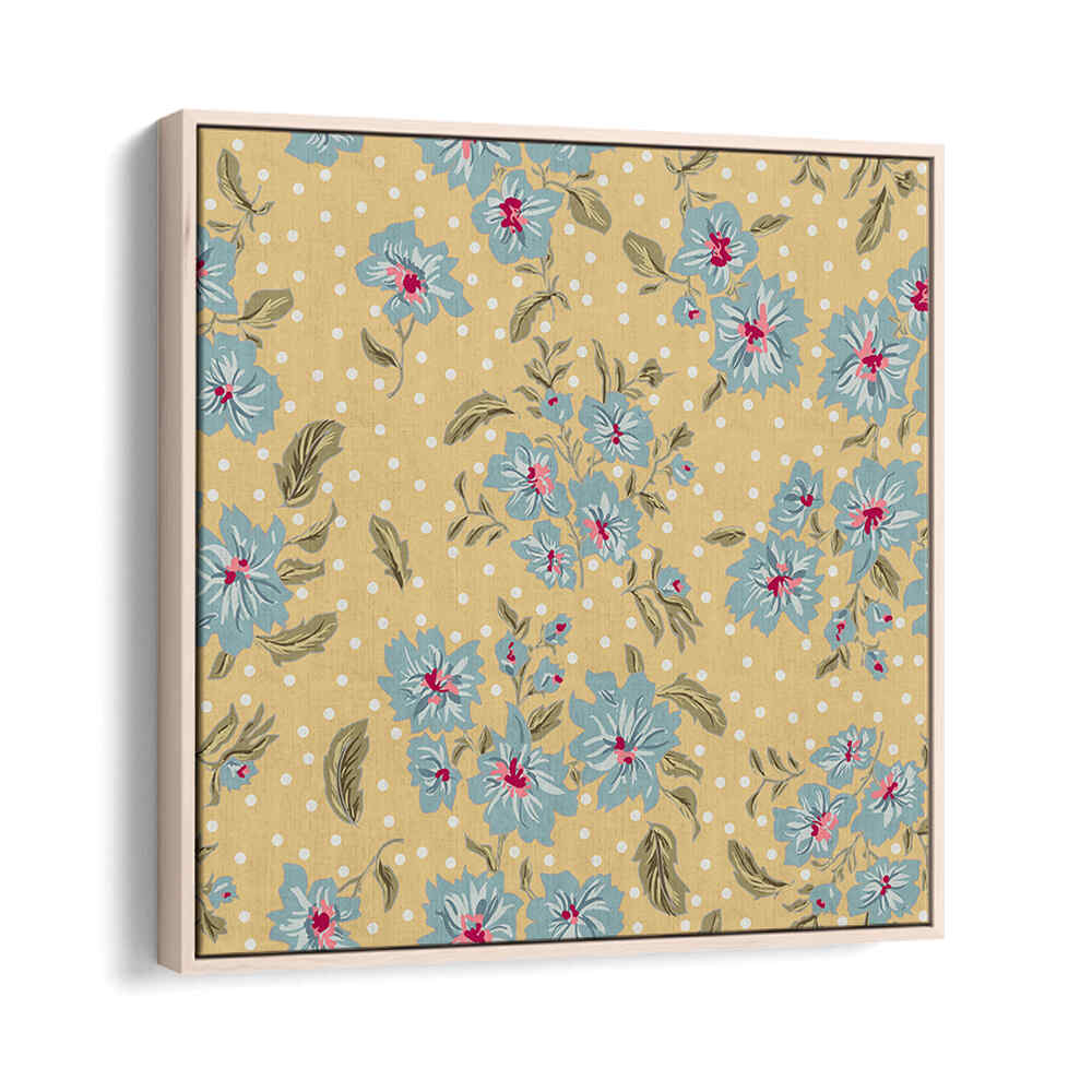 Floral Heritage Bouquet II, Pattern Art Prints showcase elegant blue flowers on a vibrant yellow background, perfect for decor.