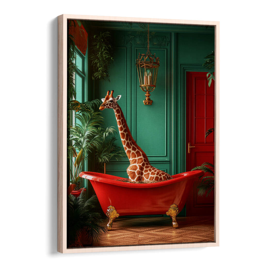GIRAFFE IN THE BATHTUB TROPICAL ANIMALS , BATHROOM ART PRINTS