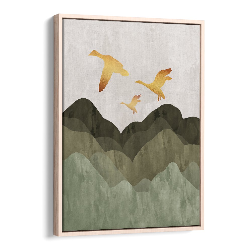 Golden birds flying over mountains in serene landscape paintings, perfect for enhancing any living space or office.