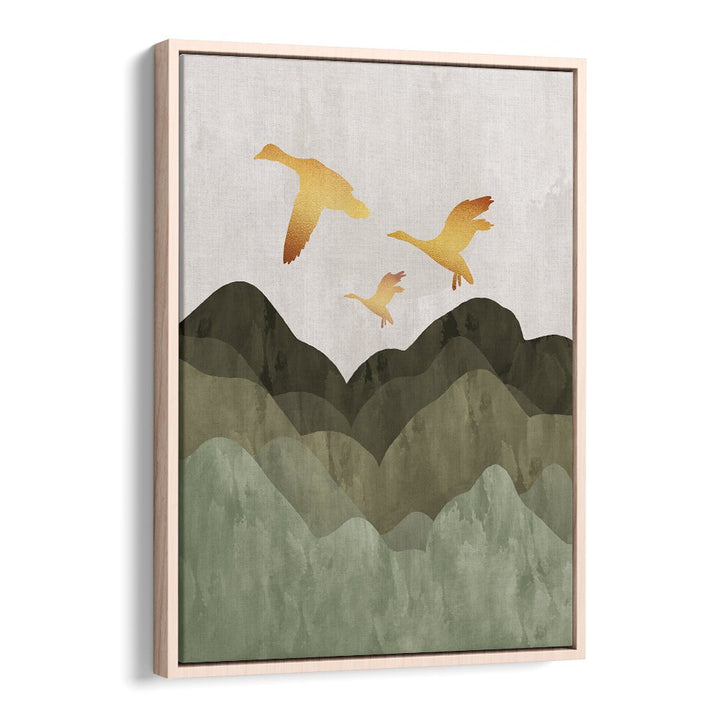 Golden birds flying over mountains in serene landscape paintings, perfect for enhancing any living space or office.