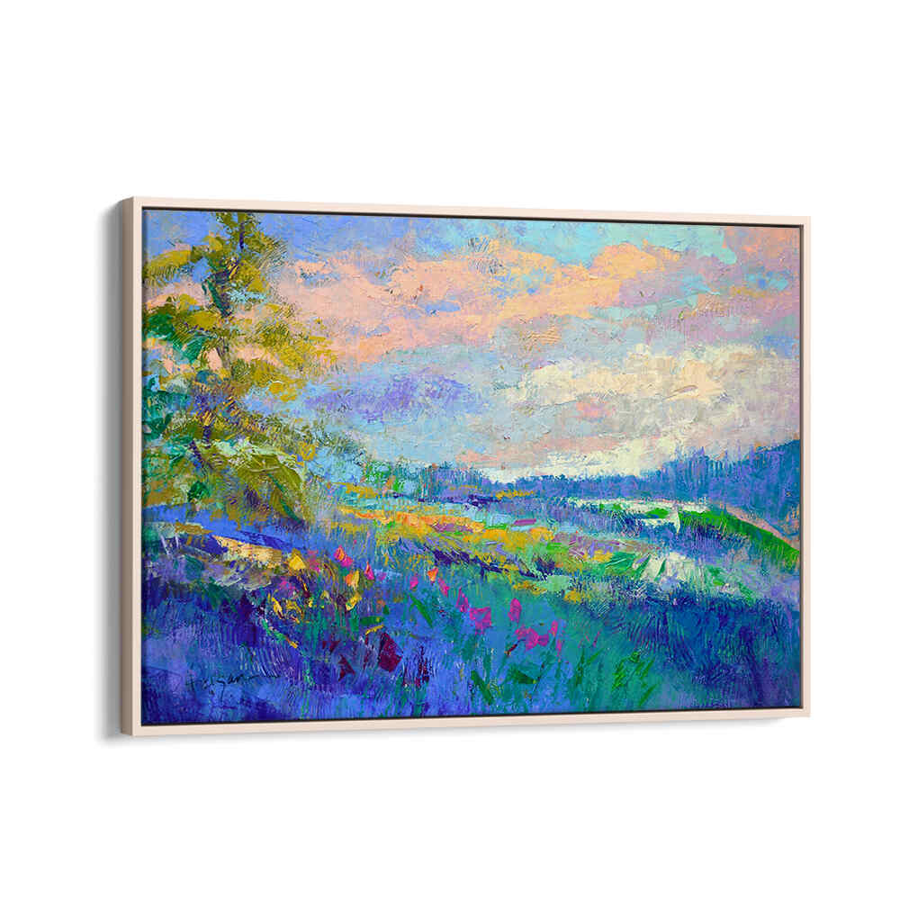 Oakwood framed IMPRESSIONIST , LANDSCAPE PAINTINGS depicting a colorful meadow, trees and pastel sky.