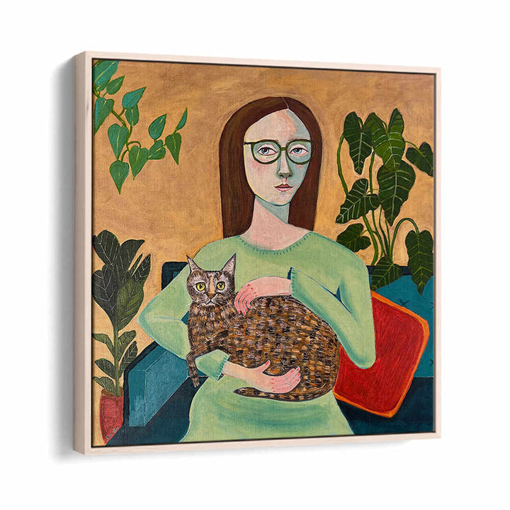LADY WITH HER CAT IN LOUNGEROOM , PORTRAITS & FIGURATIVE ILLUSTRATIONS