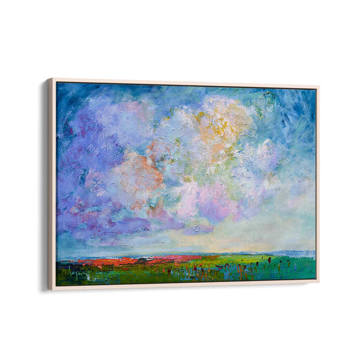 NATURE’S BEAUTY , LANDSCAPE PAINTINGS: Oakwood floater framed abstract landscape with pastel clouds over green coastal fields