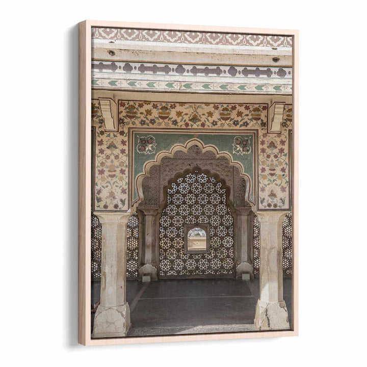 ORNATE ARCHWAY , INDIAN ART PAINTINGS by Oakwood floater showing carved jali arch and painted floral panels