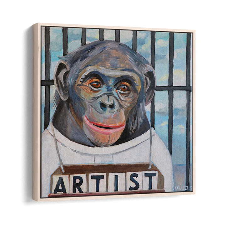Vibrant PRIMATE PORTRAITURE, COMIC POSTERS featuring a whimsical artist chimp, perfect for abstract art lovers.