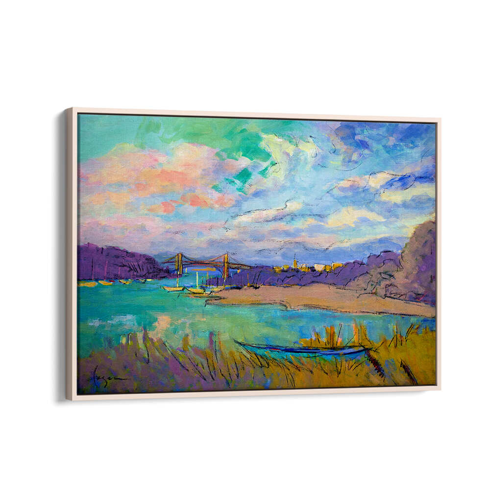 SERENE RIVER SKIES , LANDSCAPE PAINTINGS - Oakwood framed river vista with bridge, boats, marsh and pastel sky