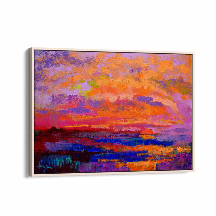 SUNSET HUES , LANDSCAPE PAINTINGS canvas by Oakwood Floaters — textured framed sunset landscape in vibrant orange, purple, and blue