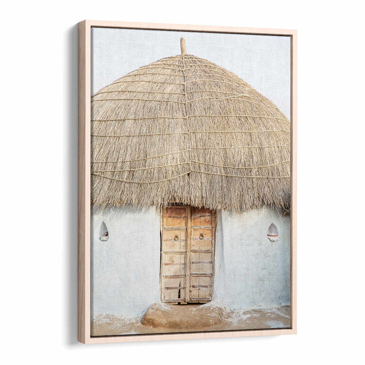 THATCHED HAVEN , INDIAN ART PAINTINGS framed Oakwood wall art showing rustic thatched-roof hut and wooden door