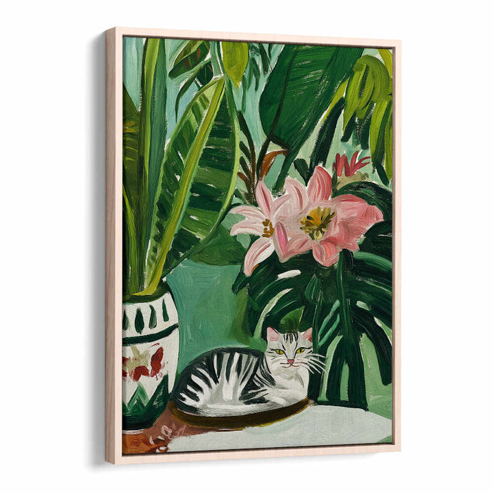 TROPICAL MUSE WITH CAT , FLORAL FLOWER PAINTINGS