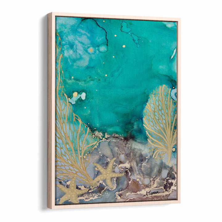 Vibrant turquoise hues and golden details define TURQUOISE WATERS NO II, BEACH PAINTINGS, perfect for coastal decor.