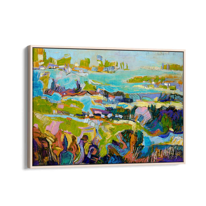 VIBRANT LANDSCAPE , LANDSCAPE PAINTINGS — Oakwood framed abstract coastal scene with vivid blues, greens, and purples