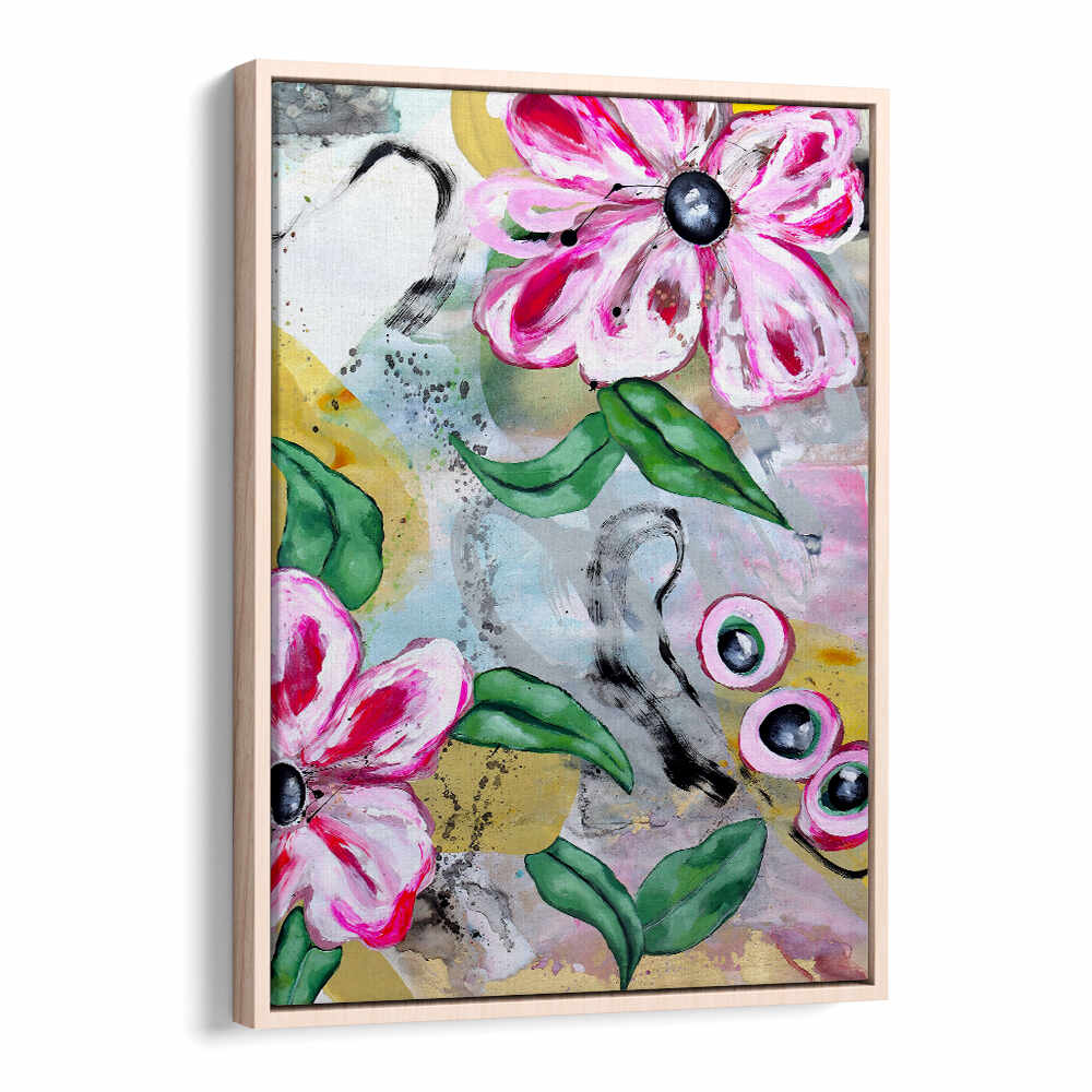 VIBRANT PINK FLOWERS AND GREEN LEAVES , FLORAL FLOWER PAINTINGS