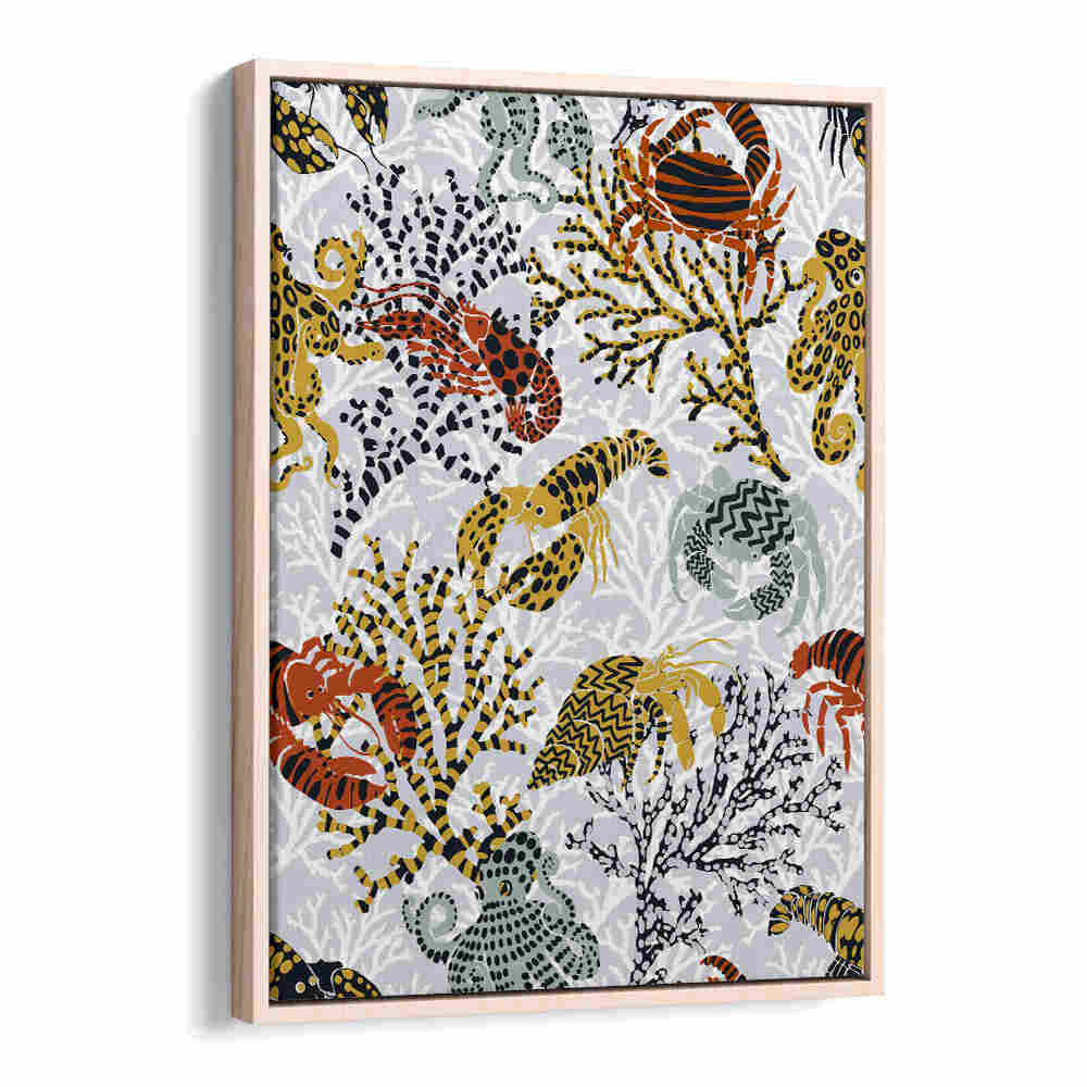 Colorful sea life intertwined with vibrant coral in stunning beach paintings, perfect for coastal decor. VIBRANT CORAL REEF, BEACH PAINTINGS.