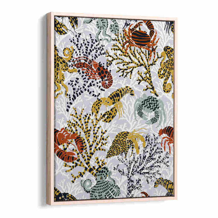 Colorful sea life intertwined with vibrant coral in stunning beach paintings, perfect for coastal decor. VIBRANT CORAL REEF, BEACH PAINTINGS.