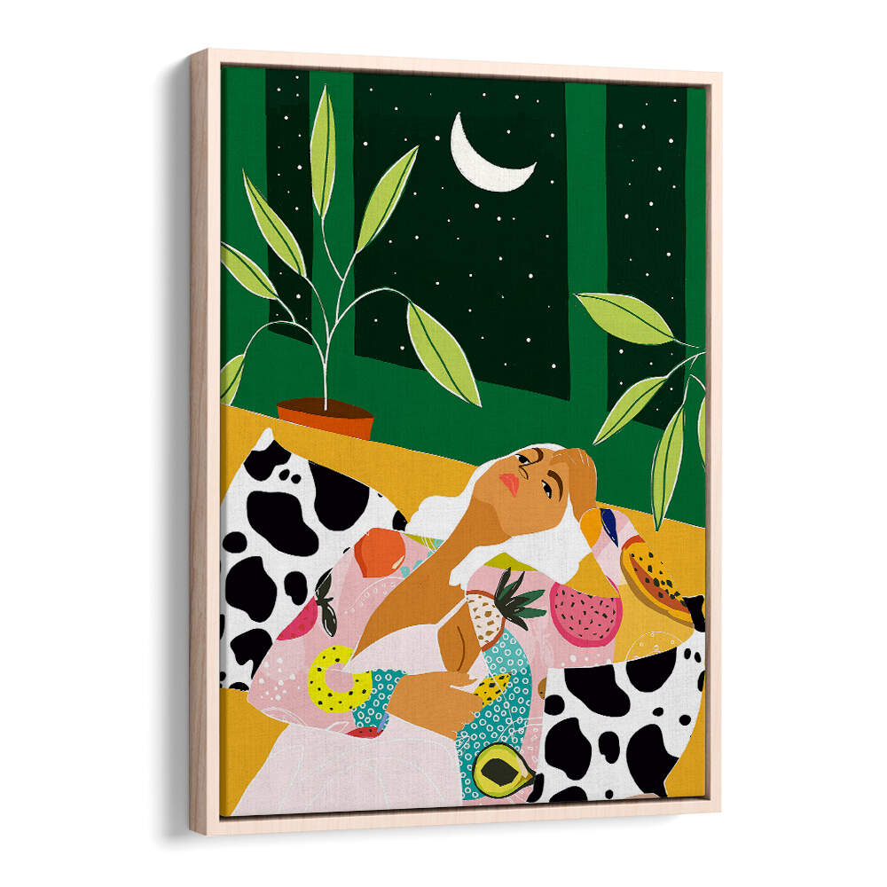 WOMAN RELAXING UNDER A CRESCENT MOON , FASHION POSTERS