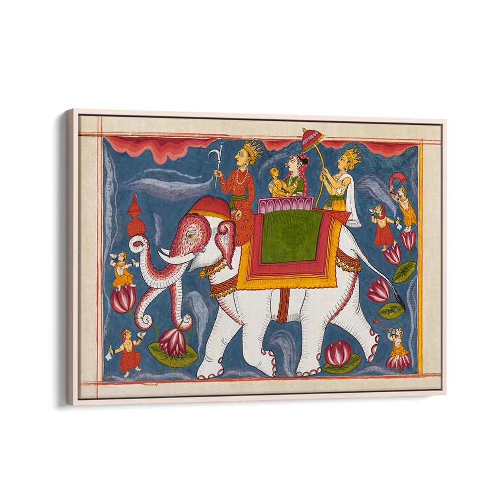 INDRA CONVEYING JINA RISHABHANATHA ON AIRAVATA , INDIAN ART PAINTINGS