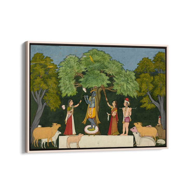 KRISHNA ENTERTAINS HIS COMPANIONS , INDIAN ART PAINTINGS