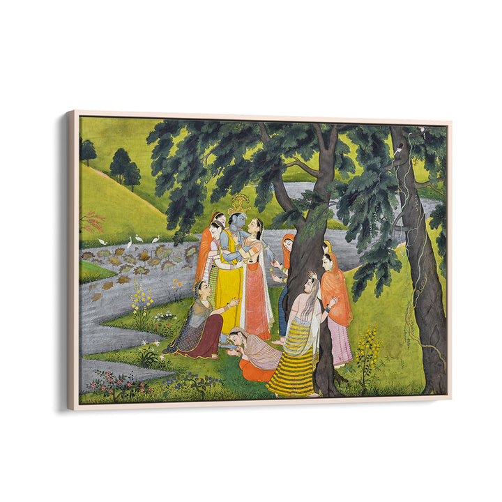 KRISHNA AND THE GOPIS ON THE BANK OF THE YAMUNA RIVER , INDIAN ART PAINTINGS