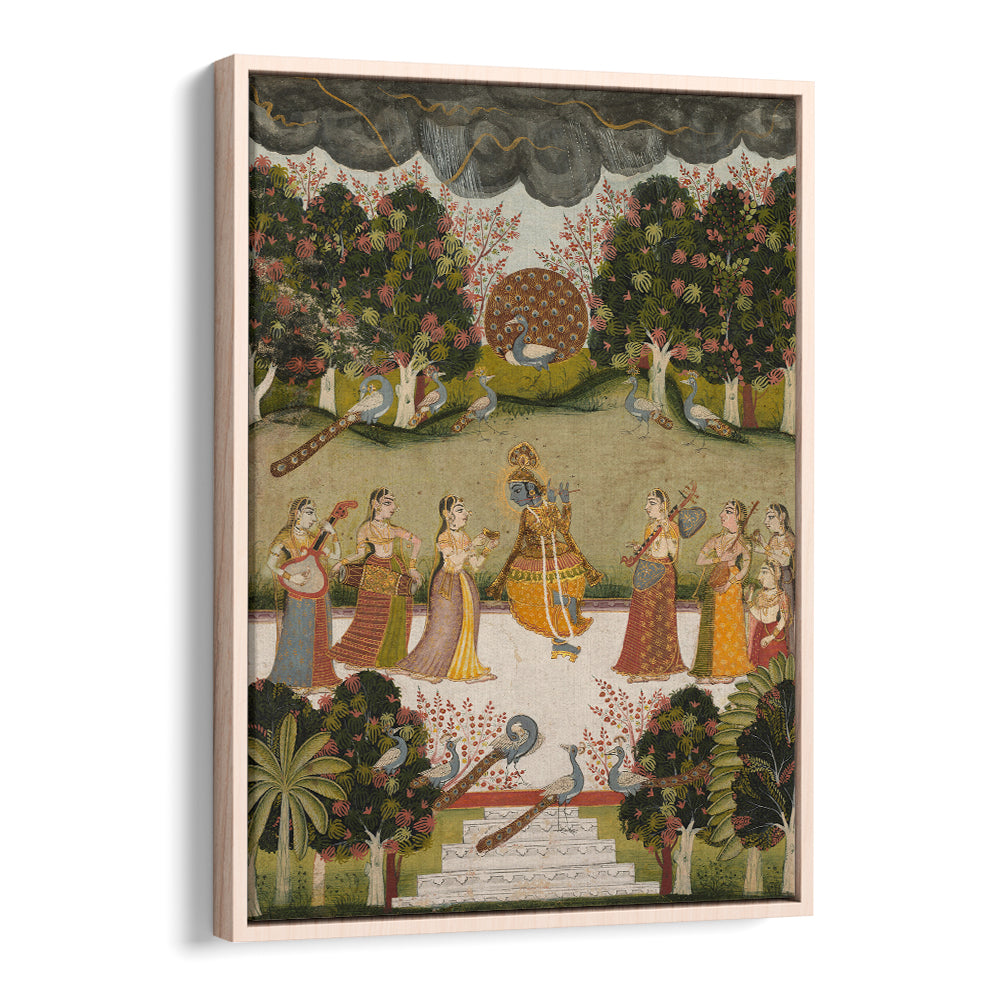 KRISHNA PLAYING THE FLUTE TO SEVEN GOPIS HOLDING MUSICAL INSTRUMENTS , INDIAN ART PAINTINGS