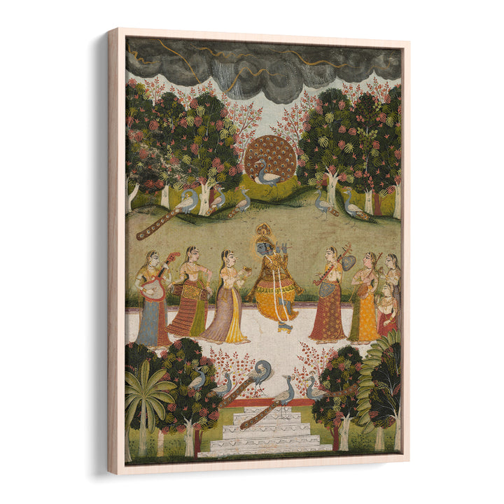 KRISHNA PLAYING THE FLUTE TO SEVEN GOPIS HOLDING MUSICAL INSTRUMENTS , INDIAN ART PAINTINGS