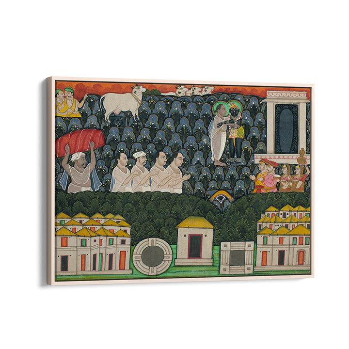 PRATHAM MILAN SHRINATHJI REVEALING HIMSELF TO VALABHACHARYA ON MOUNT GOVARDHAN  SACRED ENCOUNTER ON MOUNT GOVARDHAN , INDIAN ART PAINTINGS