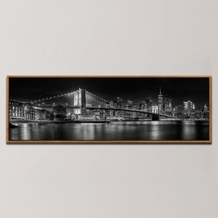 BROOKLYN BRIDGE AGAINST THE NEW YORK CITY SKYLINE AT NIGHT , PANORAMIC ART