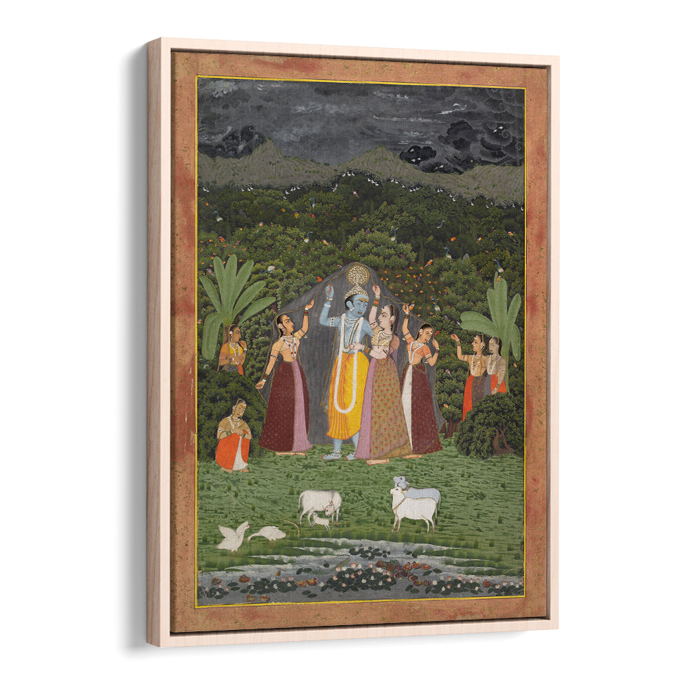 KRISHNA AND THE GOPIS TAKE SHELTER FROM THE RAIN , INDIAN ART PAINTINGS