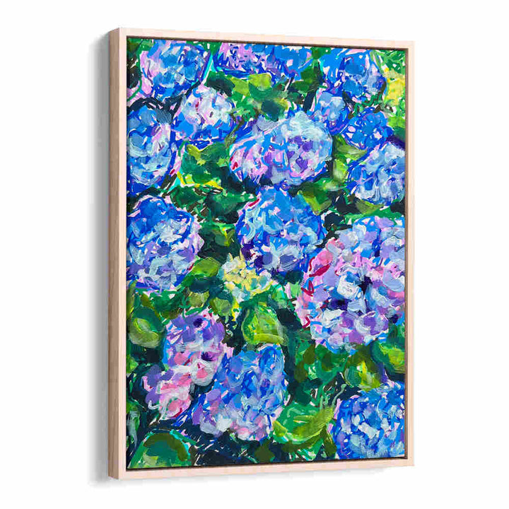 Oakwood HYDRANGEAS , FLORAL FLOWER PAINTINGS - blue-purple hydrangea clusters and lush green foliage