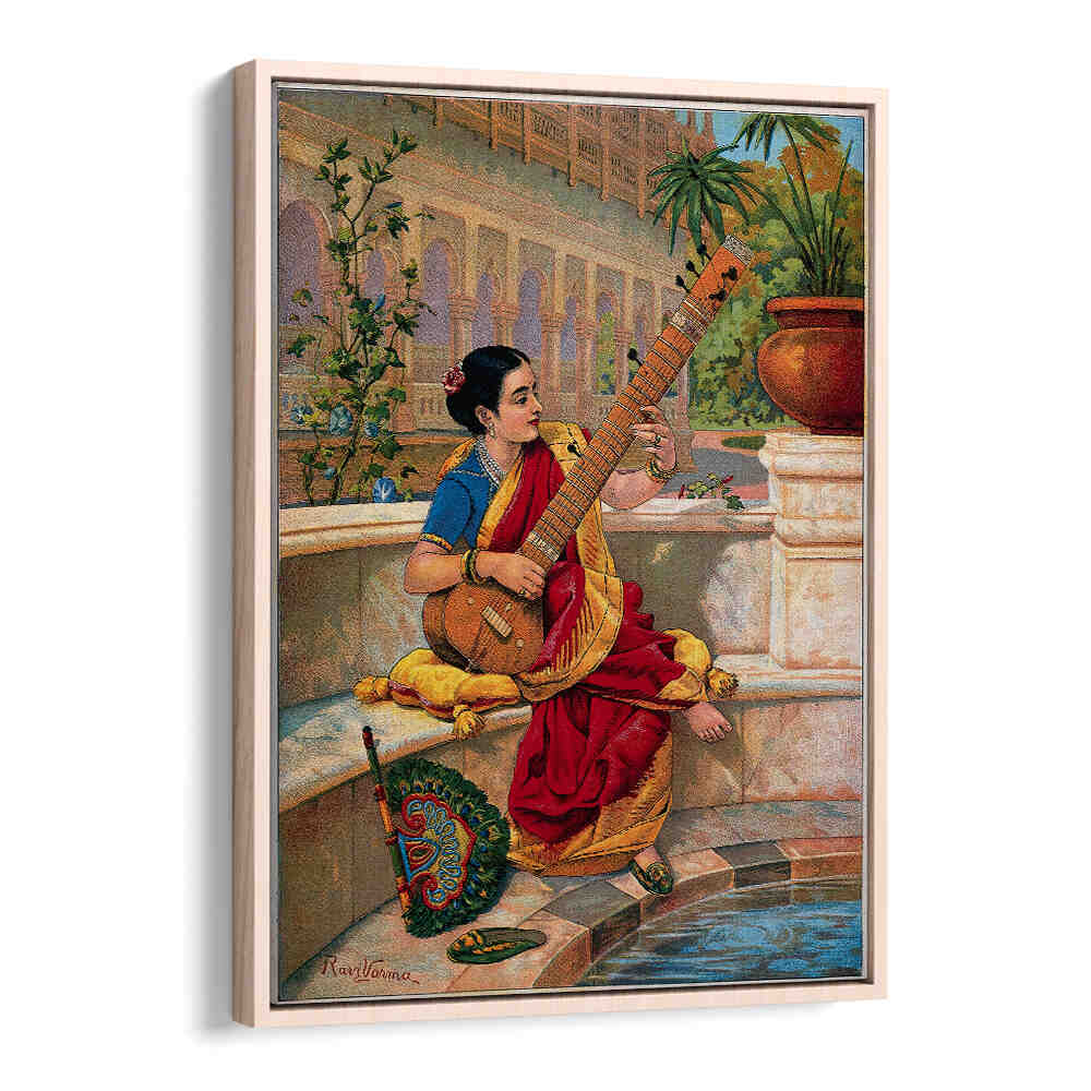 A SEATED INDIAN WOMAN PLAYS A SITAR NEXT TO A GARDEN POND , INDIAN ART PAINTINGS
