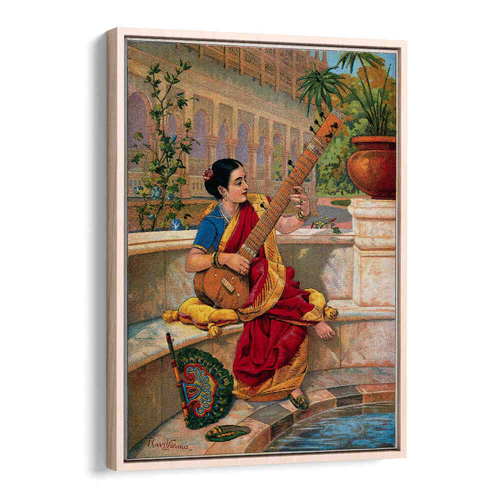 A SEATED INDIAN WOMAN PLAYS A SITAR NEXT TO A GARDEN POND , INDIAN ART PAINTINGS