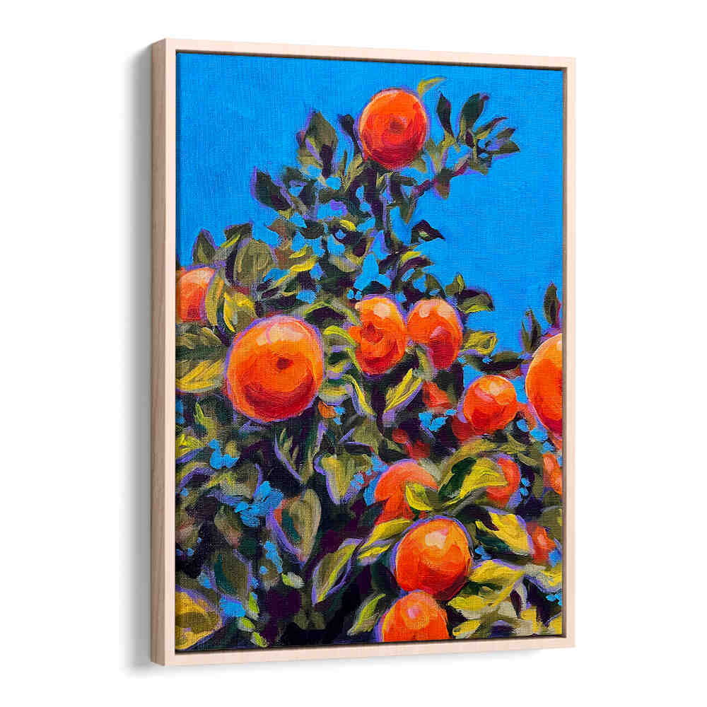 Oakwood SEVILLE ORANGES , KITCHEN POSTERS framed vibrant oranges on leafy branches against bright blue background